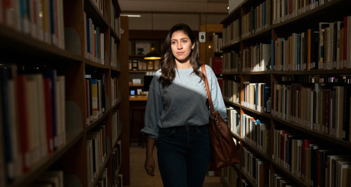 A contented Female From Venezuela, majored in public administration in their 25, building a consistent weekly posting schedule, wearing a relaxed streetwear, carrying a leather handbag in a library aisle.