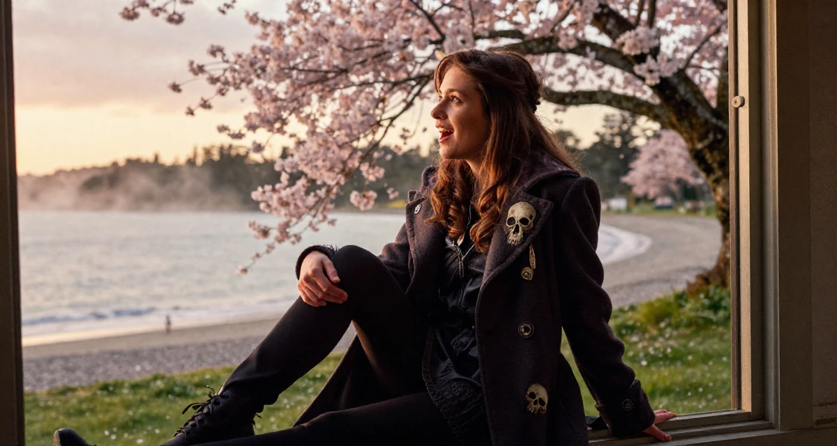 A enthusiastic Female From Auckland New Zealand, studied animation in their 25, wearing a tailored coat and looking sharp, wearing a dark fantasy necromancer robe with skull motifs, looking out the window in a sunset beach.