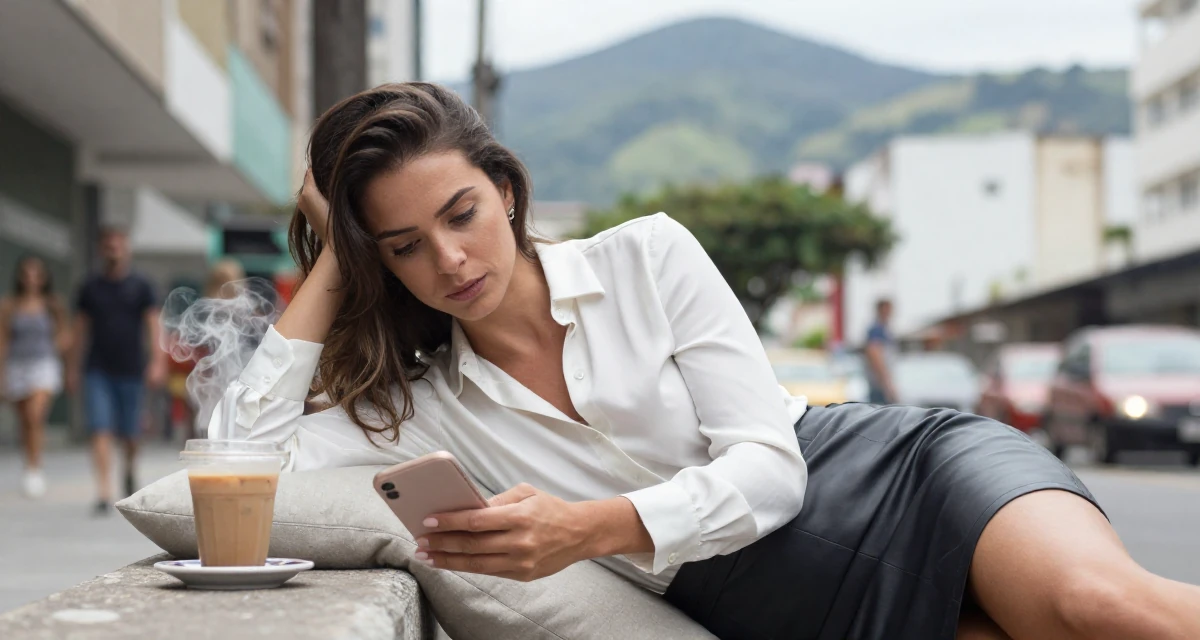 A coy Female From Brazil, graduated in tourism management in their 27, focusing on long-term wealth building, wearing a white silk shirt tucked into a leather pencil skirt, scrolling casually in a bustling city street.