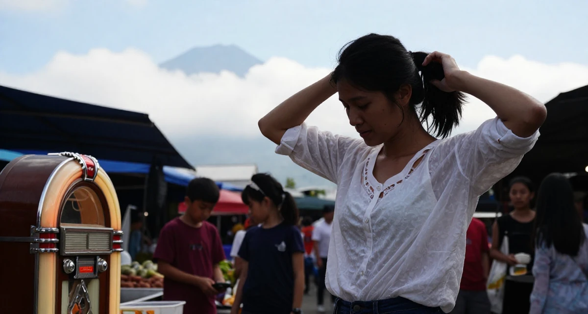 A lighthearted Female Once a logistics temp worker, now enjoying flexible creator life in their 46, running a household with teens, wearing a sheer white blouse with a delicate camisole underneath, checking a notification on a phone in a bustling market.