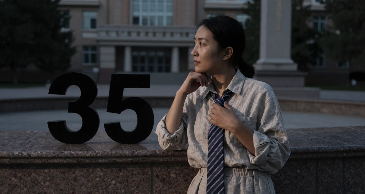 A calmly observant Female From Mongolia, based in Ulaanbaatar, graduated from a national university majoring in media studies in their 35, celebrating a major career milestone, wearing a loose-fitting linen trousers, playing with a tie in a university campus.