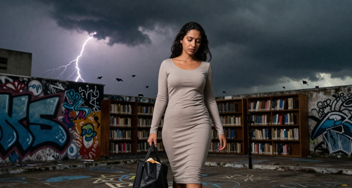 A melancholic Female From Brazil, studied software engineering in their 27, recovering from hustle culture fatigue, wearing a long-sleeve bodycon midi dress in neutral tones, closing a bag in a graffiti art wall.
