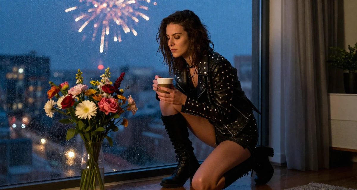 A mischievous Female Once a junior chemist, now exploring creative body-lighting concepts in their 25, discovering how lighting makes soft sensual vibes pop, wearing a heavy metal rocker outfit with studs and leather, holding a cup of coffee in a modern apartment.