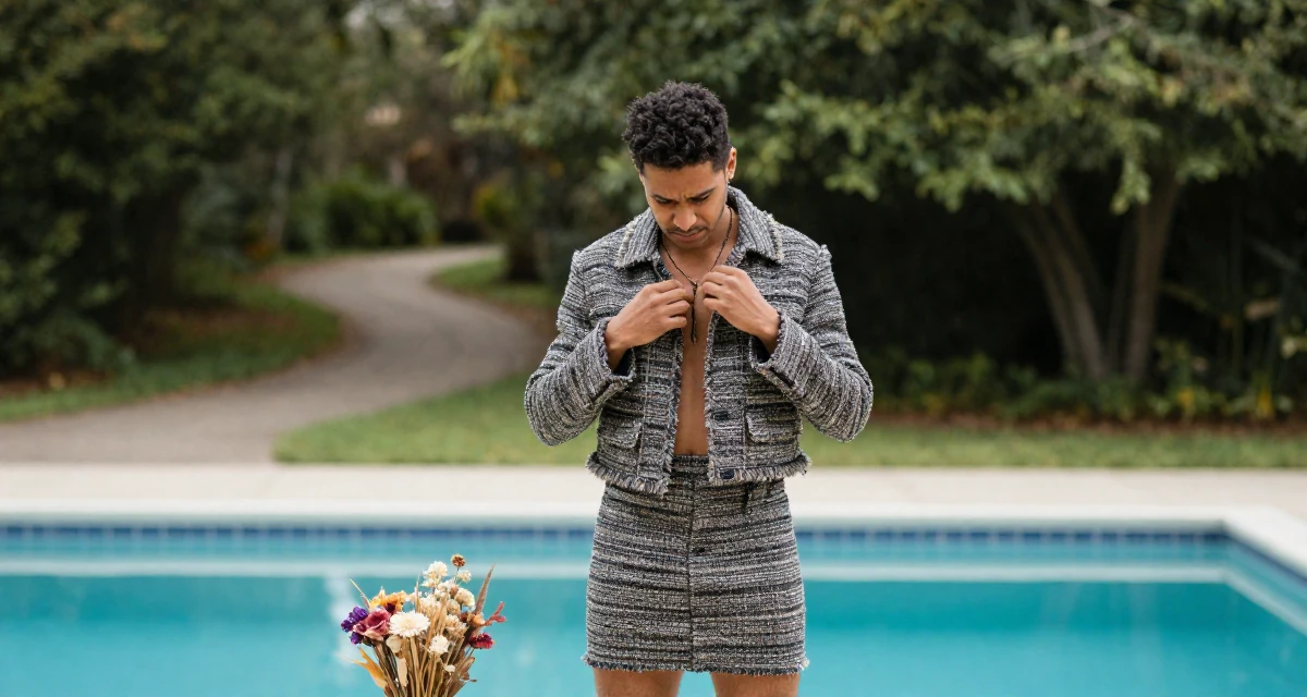 A rebellious male From USA, studied anthropology and folklore in their 24, worried about the future of the economy, wearing a cropped tweed jacket and a high-waisted mini skirt, fiddling with a necklace in a swimming pool deck.