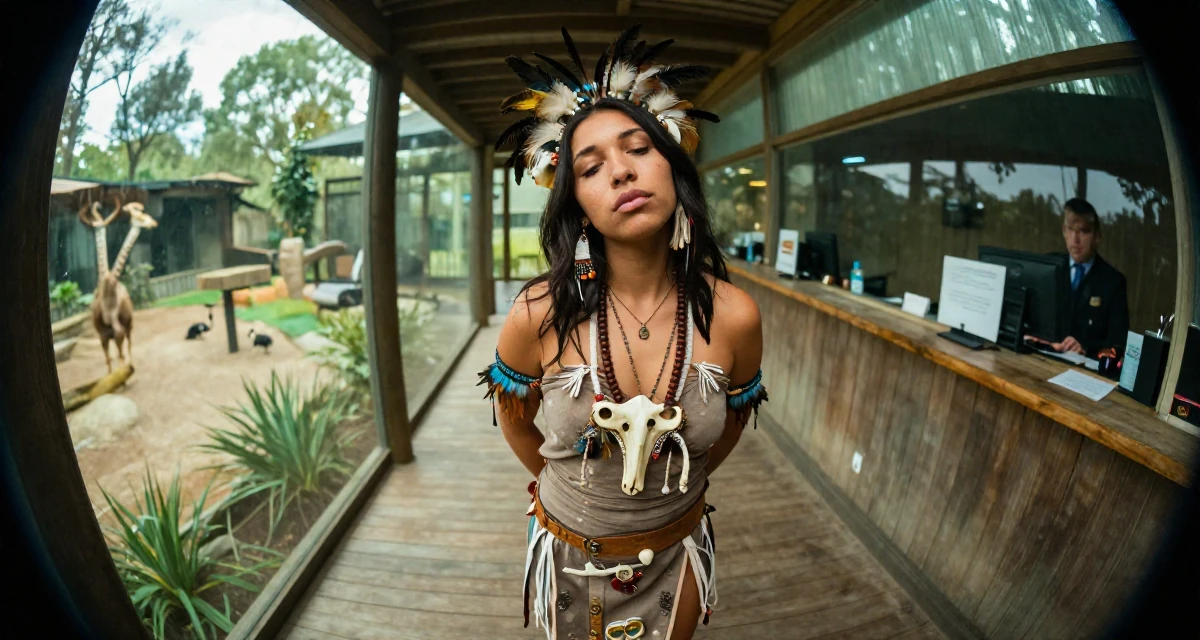 A zoned out Female Former retail cashier, now monetizing aesthetic self-portraits in their 23, learning to set boundaries with bosses, wearing a tribal shaman outfit with feathers and bones, smoothing down a dress in a zoo pathway.