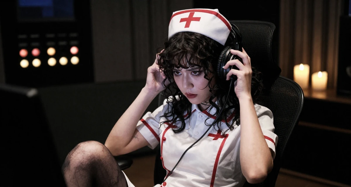 A intense Female From Hong Kong, majored in graphic design in their 22, comparing growth with other creators and feeling pressure, wearing a nurse cosplay uniform with a stylized cap, adjusting headphones in a music studio.