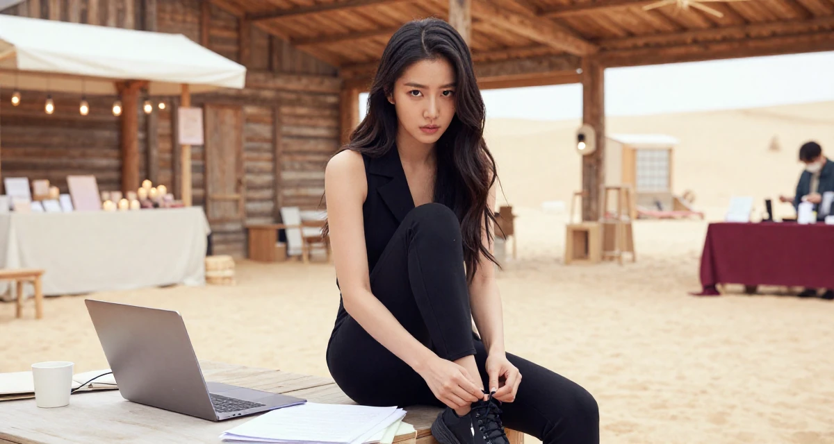 A ferocious Female From Seoul South Korea, studied K-style beauty and content editing in their 25, crafting a cute–seductive persona while studying full-time, wearing a black jumpsuit with a blazer style top, tying a shoelace in a rustic wooden cabin interior.