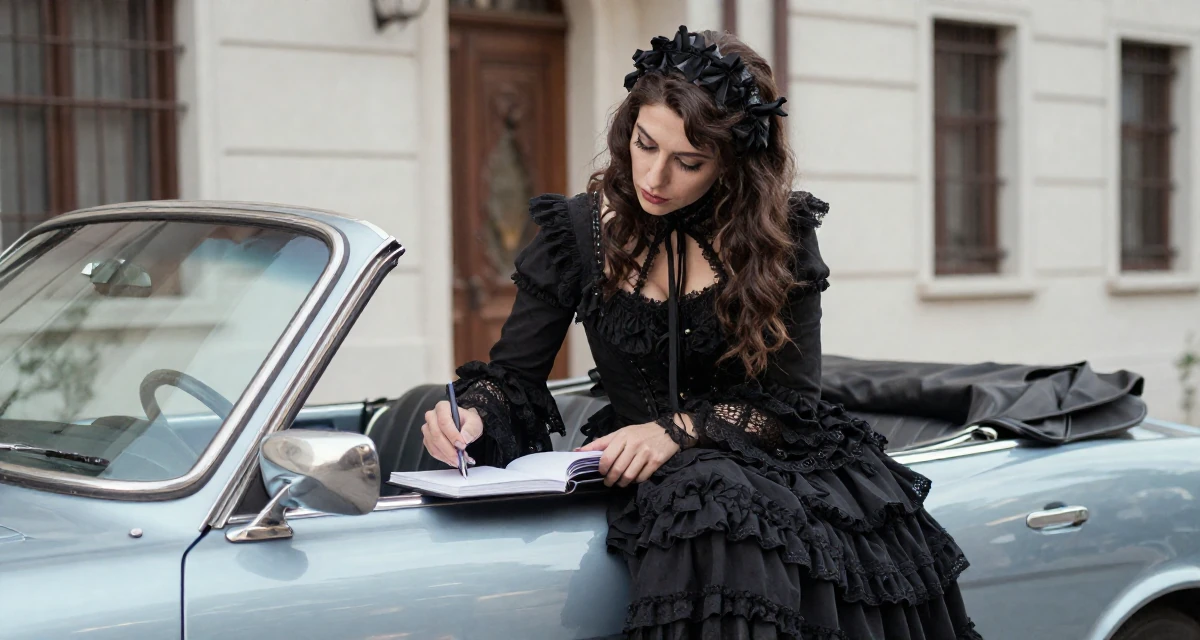 A relaxed Female From Turkey, based in Antalya, graduated from a film school majoring in mood-driven visual expression in their 48, documenting the process of writing a memoir, wearing a elaborate gothic lolita dress with frills and lace, brushing off dust in a vintage convertible car.