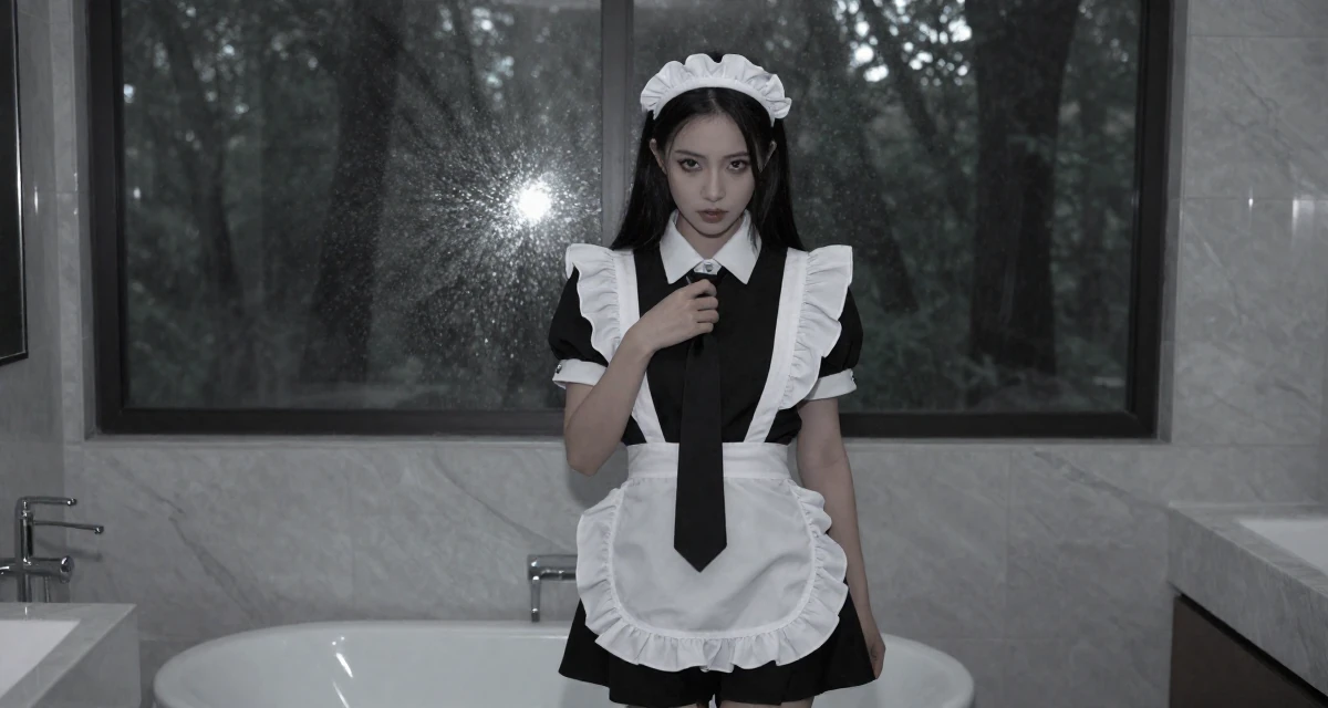 A proud and dignified Female From Shenzhen China, studied makeup artistry while modeling part-time in their 24, building a flirty persona fans instantly recognize, wearing a maid outfit with a white apron and ruffled headband, playing with a tie in a marble bathroom with a tub.