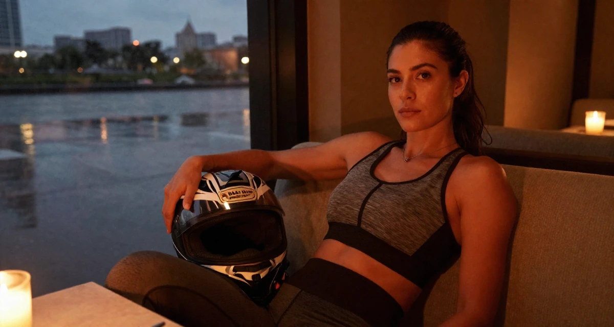 A calm and confident Female From the Philippines, majored in mass media in their 25, gaining confidence in professional expertise, wearing a sporty athleisure look, holding a helmet in a high-end restaurant.