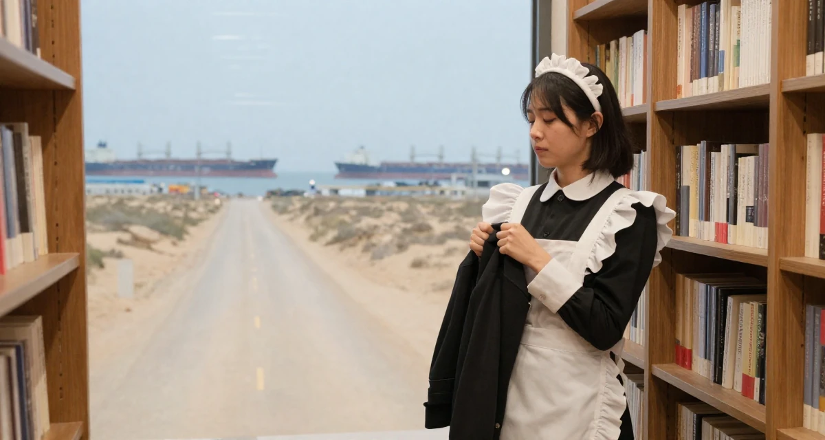A emotional Female Raised in Germany, studied visual communication design in their 36, focusing on mental health and mindfulness, wearing a maid outfit with a white apron and ruffled headband, fanning self with a hand in a bookstore aisle.