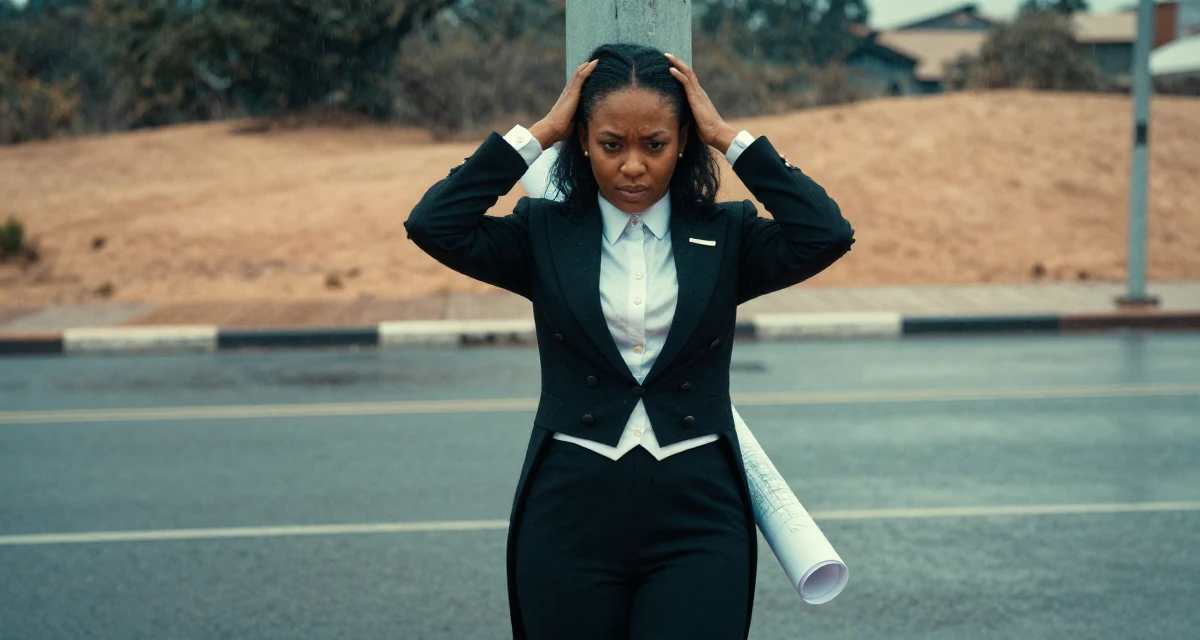 A humble Female From Johannesburg South Africa, majored in sport management in their 27, dealing with the pressure of peers getting married, wearing a circus ringmaster outfit with a tailcoat, running fingers through hair in a rainy street corner.