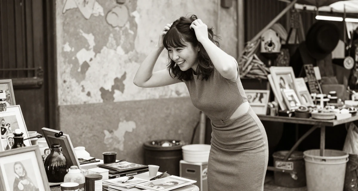 A upbeat Female From Japan, majored in psychology in their 25, figuring out boundaries while trying small photo sets, wearing a fitted midi dress with a cutout at the waist, messing up hair playfully in a bustling market.