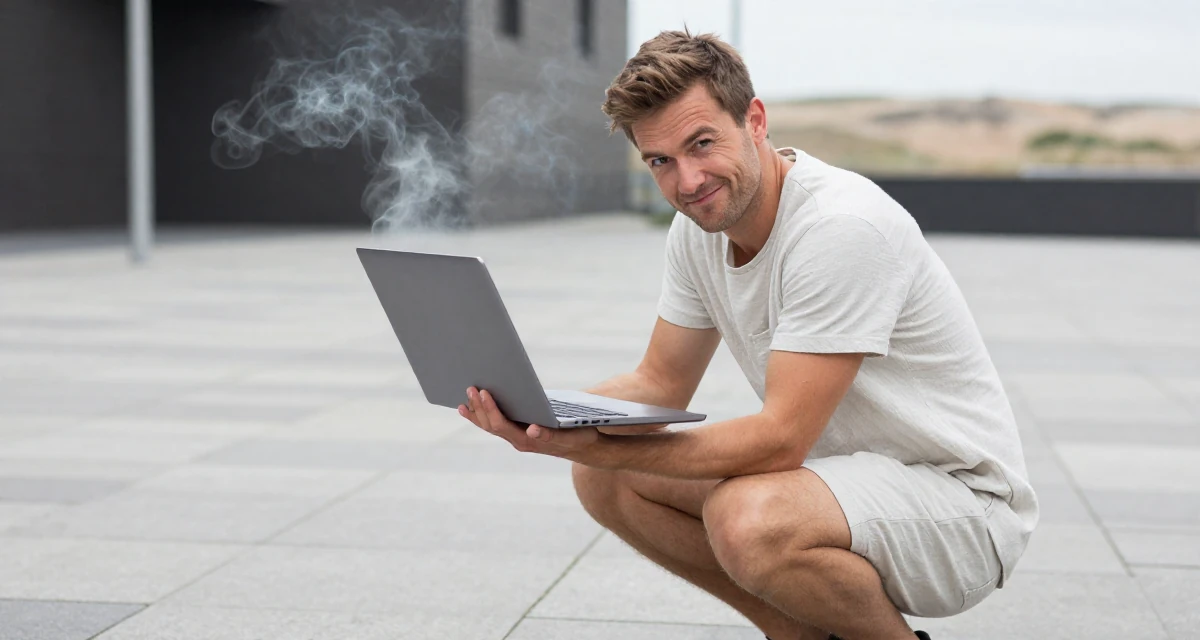 A witty male From Ireland, studied creative writing in their 31, exploring advanced investment strategies, wearing a airy cotton dress for summer, holding a laptop in a pedestrian plaza.