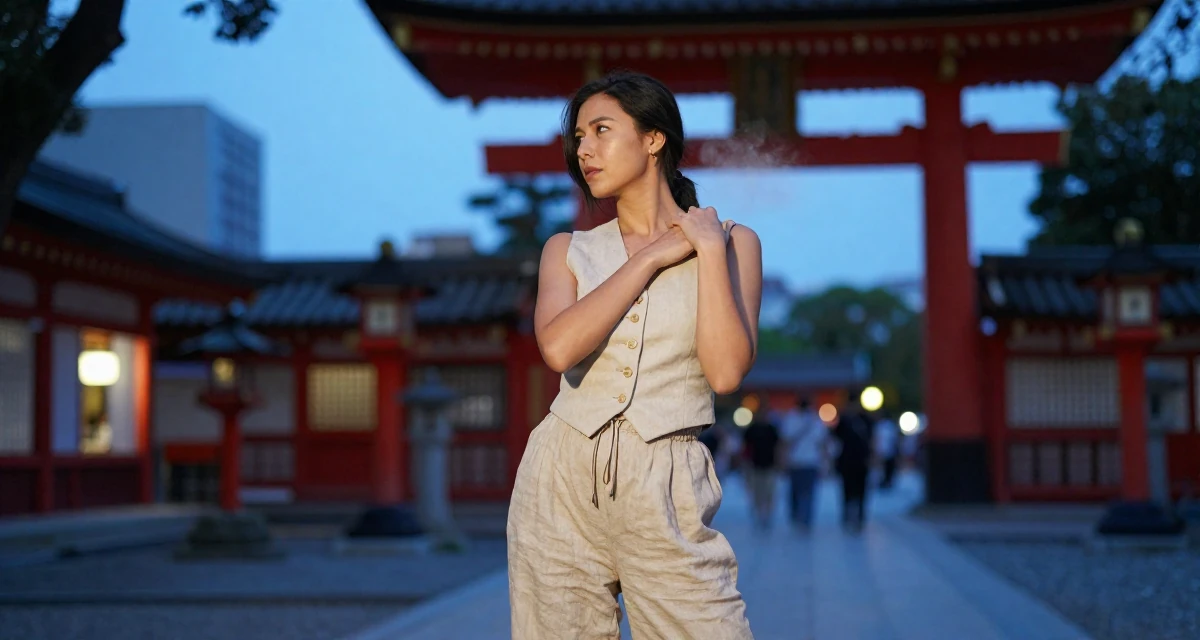 A thoughtful Female From Bucharest Romania, trained in expressive posing in their 31, exploring local culture and hidden gems, wearing a sleeveless vest top and wide-leg linen pants, dusting off the shoulder in a Japanese Shinto shrine.