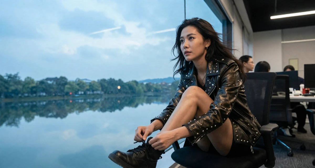 A curious Female From ChangSha China, holds a degree in human resource management in their 38, focused on longevity and holistic wellness, wearing a heavy metal rocker outfit with studs and leather, tying a shoelace in a busy coworking space.