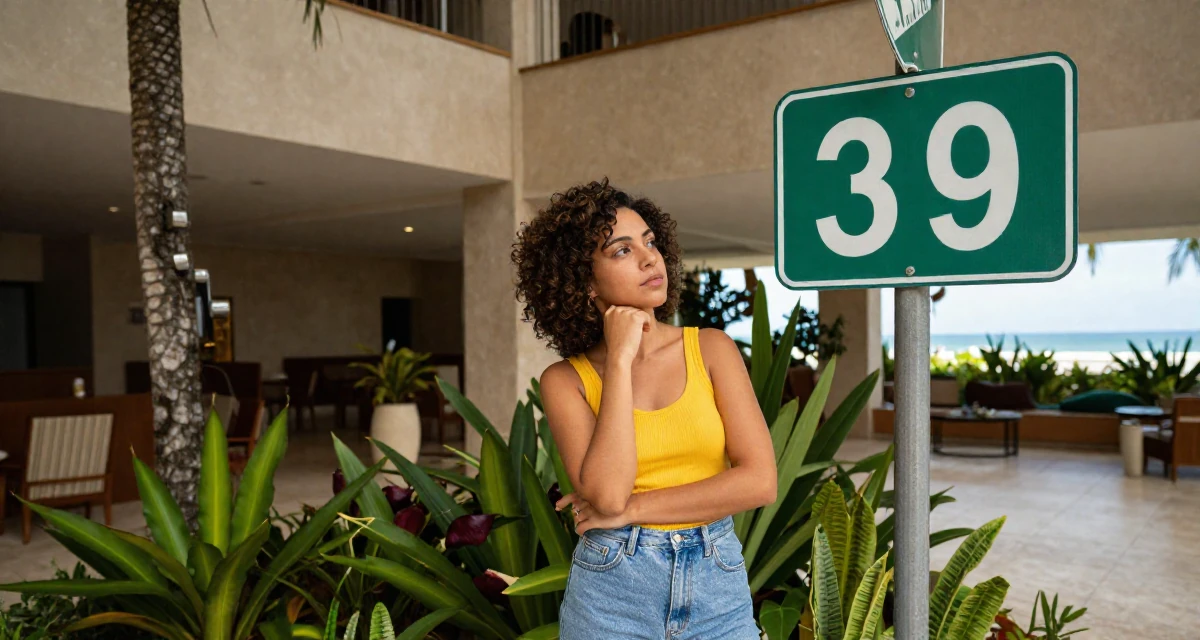 A zoned out Female From Brazil, majored in sociology in their 39, advocating for mental health awareness, wearing a retro 90s casual vibe, looking at a street sign in a hotel lobby.
