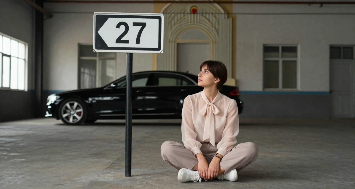 A expectant Female From Azerbaijan, majored in petroleum engineering in their 27, just moved into a small apartment alone, wearing a sheer chiffon blouse with a bow tie neck and slacks, looking at a street sign in a industrial warehouse.