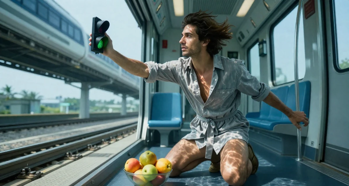 A reflective male Former swim instructor, now producing sun-soaked lifestyle content in their 22, exploring slow, teasing video styles within comfort limits, wearing a belted shirt dress with rolled sleeves, waiting for a light to change in a train carriage.