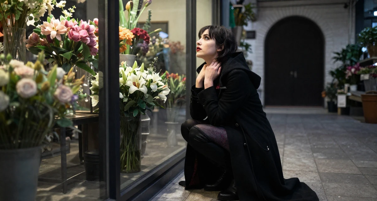 A expectant Female Once a supermarket clerk, now building a slow-life creator brand in their 25, treating sensual creativity as a serious artistic craft, wearing a gothic vampire hunter outfit with a long coat, massaging the neck in a flower shop.