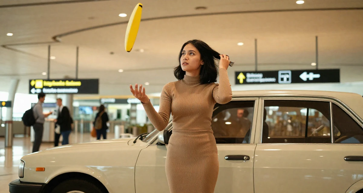 A absent-minded Female From Bandung Indonesia, studied journalism in their 24, juggling edits, shoots, and a boss who texts on weekends, wearing a tight knit midi dress with long sleeves, messing up hair playfully in a airport terminal.