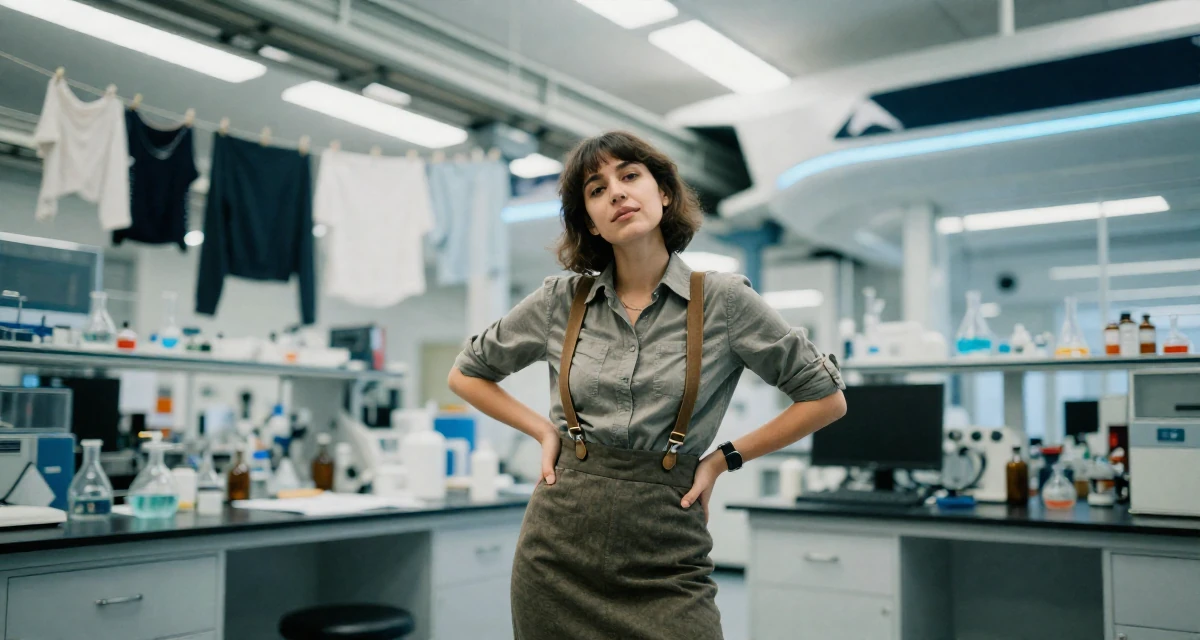 A reassured Female Once a hotel bartender, now creating nightlife-themed fan content in their 28, recovering from a failed startup, wearing a high-waisted skirt with suspenders and a shirt, shifting weight impatiently in a science lab.
