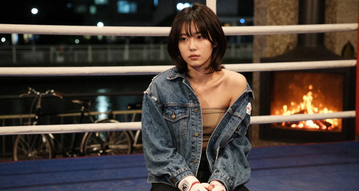 A calm Female From Japan, majored in interactive media in their 25, over the drama of early 20s nightlife, wearing a denim jacket worn off-shoulder over a tube top, clasping hands together in a boxing ring.