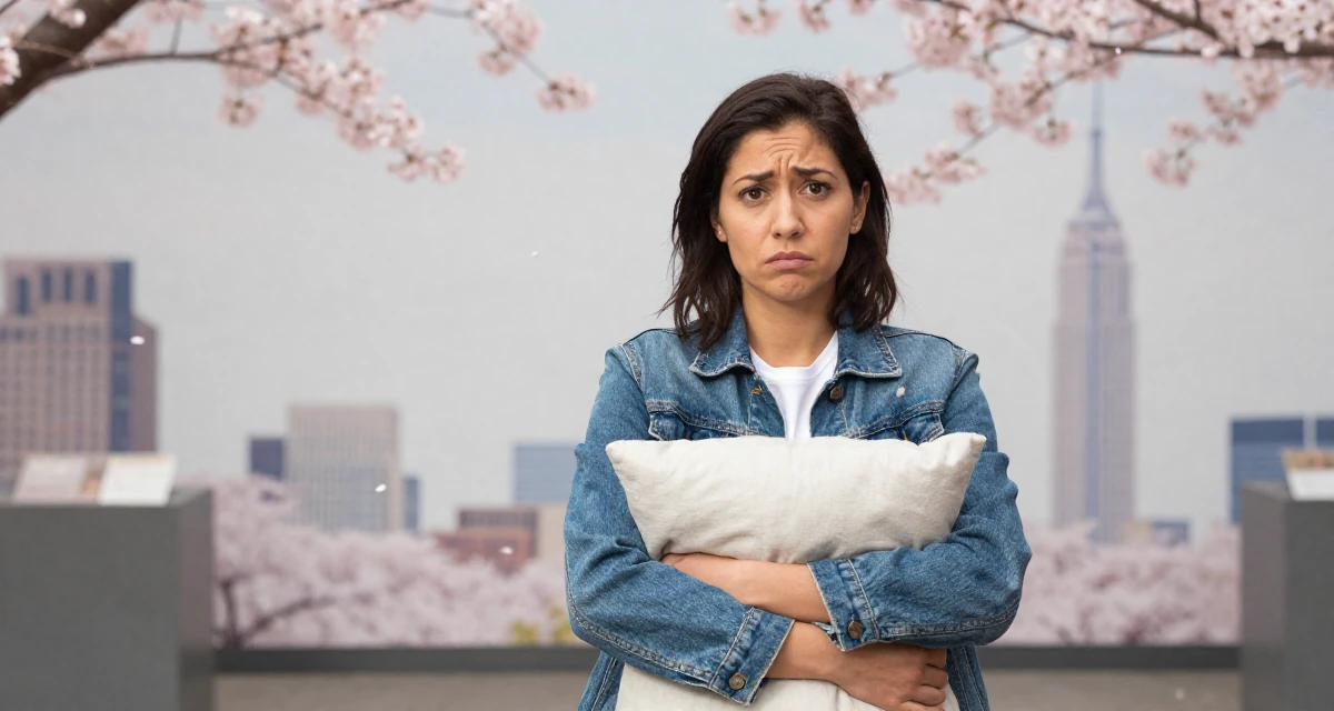 A confused Female From Canada, trained in advertising and branding in their 22, confronting self-doubt in early career roles, wearing a classic denim jacket and white tee, hugging a pillow or cushion in a museum exhibit.