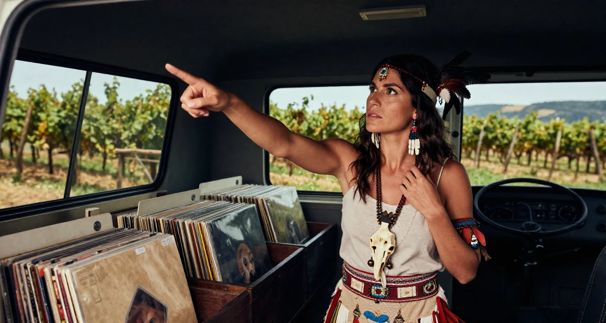 A intense Female From Italy, studied product design in their 35, renovating a vintage van for travel, wearing a tribal shaman outfit with feathers and bones, touching a necklace in a vintage record store.