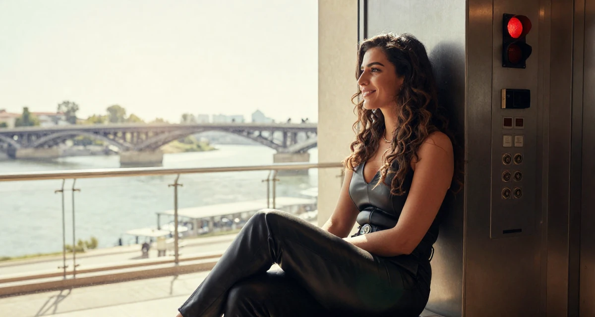 A hopeful Female From Arabic-speaking world, majored in health administration in their 25, accepting that growth is slower than motivational quotes claim, wearing a sleek leather pants styling, waiting for a light to change in a high-end restaurant.