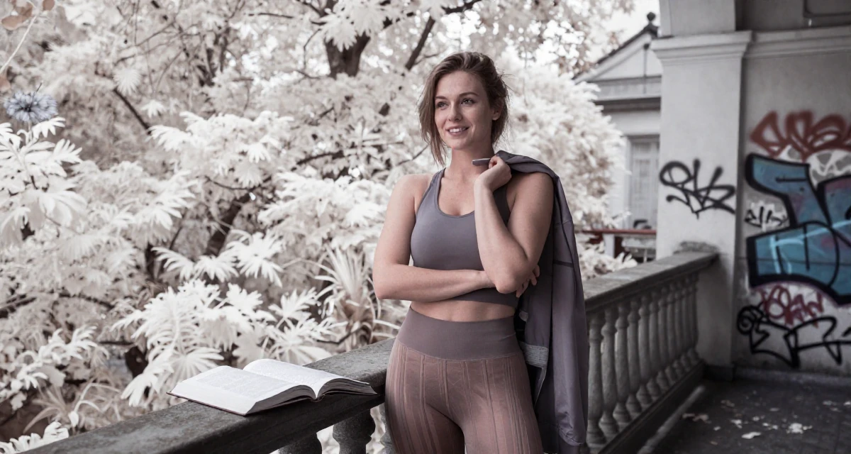 A pleased Female From Finland, majored in educational psychology in their 22, developing a bold persona that feels authentically “me”, wearing a sheer paneled leggings and a sports crop top, holding a jacket over a shoulder in a opera house balcony.