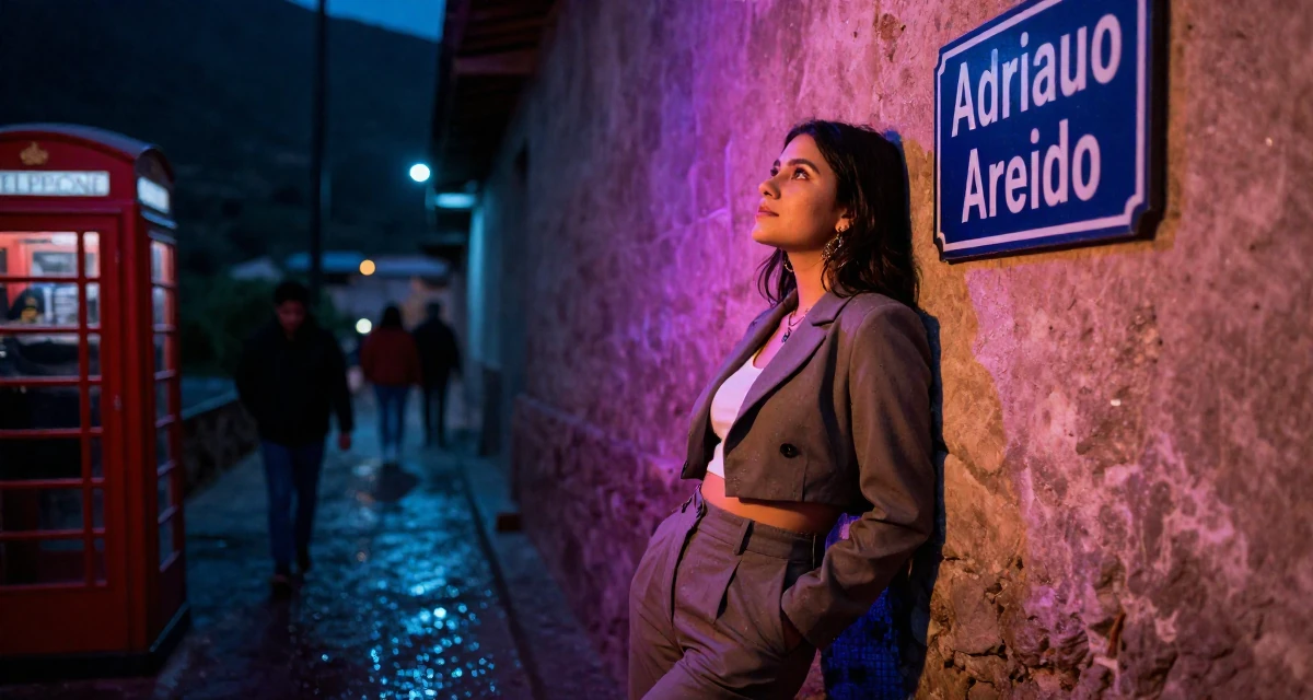 A dignified Female From Peru, based in Arequipa, graduated from a local university majoring in business communication in their 21, embracing a carefree bohemian lifestyle, wearing a cropped business jacket and high-waisted pants, looking at a street sign in a mountain trail.