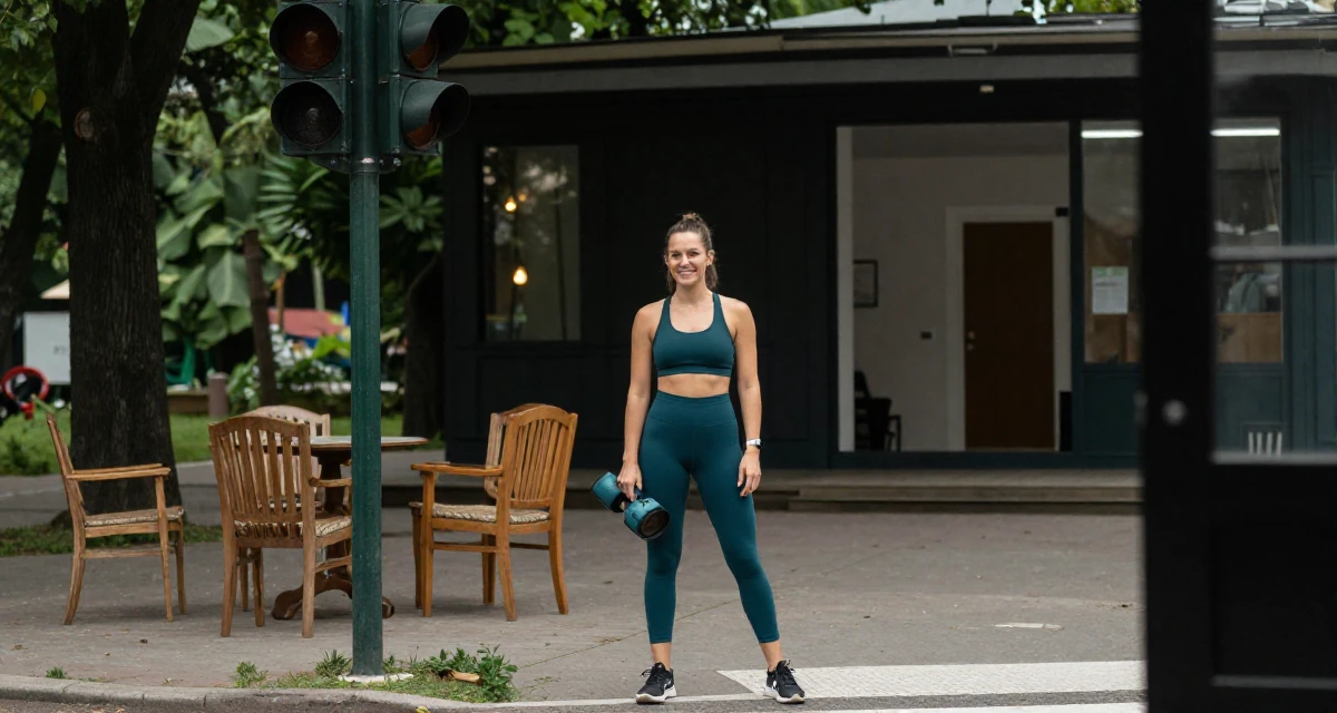 A smirking Female Once a delivery driver, now a confidence-focused body-positive creator in their 27, dealing with pressure to constantly upgrade quality, wearing a fitted athletic wear, waiting for a light to change in a quiet park.