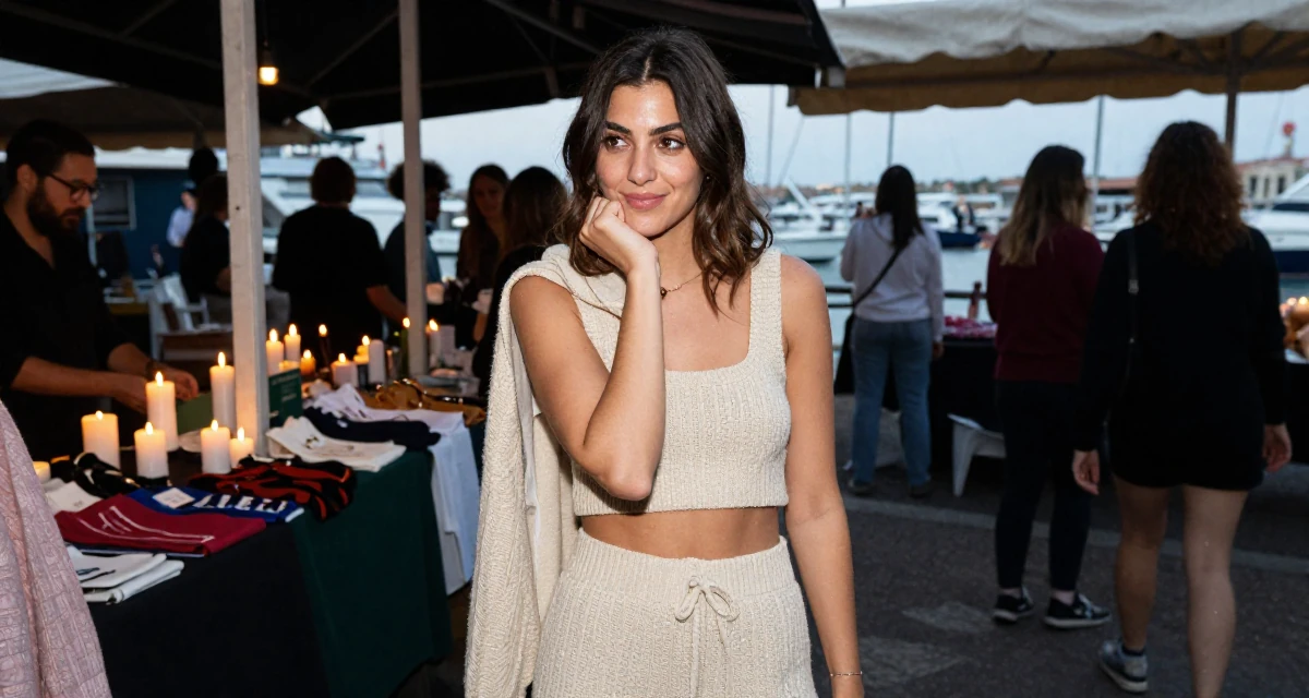 A bright and optimistic Female From Milan Italy, studied fashion styling in their 22, feeling the imposter syndrome in a first serious job, wearing a knitted loungewear shorts and a matching tiny top, resting a chin on a hand in a bustling market.