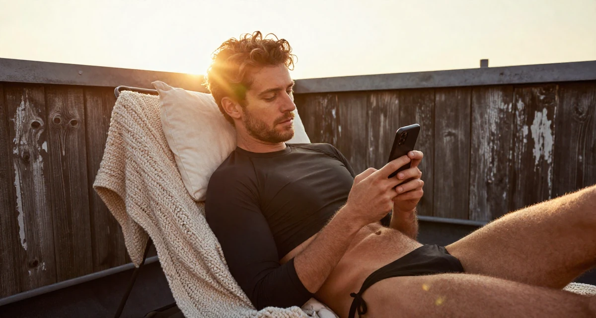 A resilient male From Amsterdam Netherlands, studied creative business in their 25, discovering how lighting makes soft sensual vibes pop, wearing a cropped rash guard and bikini bottom, checking a phone in a rooftop terrace at sunset.