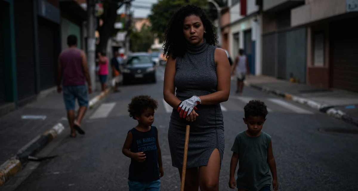 A reserved Female From Brazil, studied logistics engineering in their 33, balancing two kids and a growing business, wearing a sleeveless turtleneck dress with high side slits, putting on a glove in a neon-lit street.