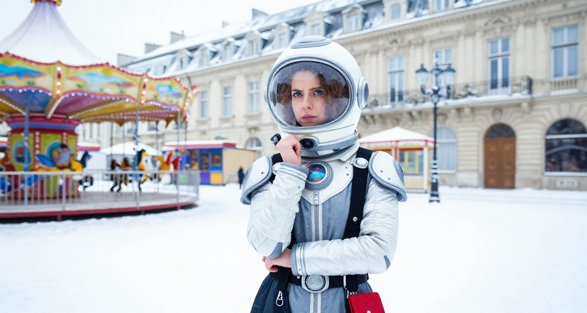 A suspicious Female From Hungary, based in Debrecen, graduated from a fashion program majoring in bold thematic styling in their 25, saving up for the first major independent purchase, wearing a retro sci-fi space girl outfit with a bubble helmet, adjusting sleeves in a carnival with rides.