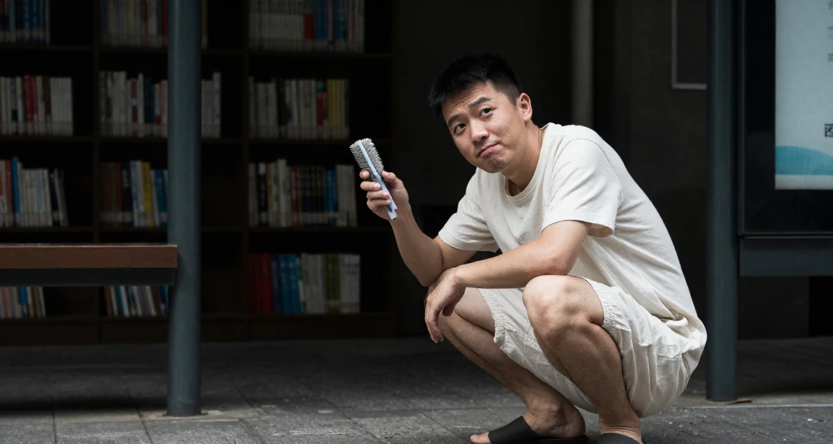A cheeky male From Wuhan China, learned social media branding through indie projects in their 38, sharing tips for effective remote work, wearing a airy cotton dress for summer, brushing off dust in a bus stop.