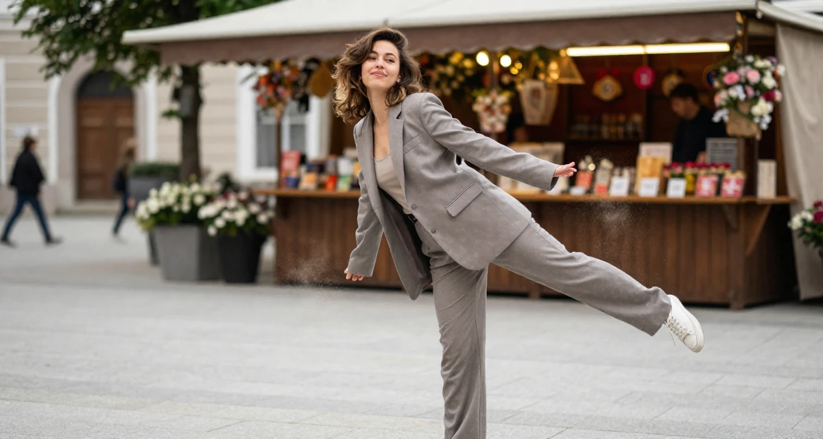 A flirty Female From Salzburg Austria, practiced soft-aesthetic lifestyle content in their 22, learning how to avoid scams and risky promo offers, wearing a relaxed fit suit separate, kicking up dust playfully in a pedestrian plaza.
