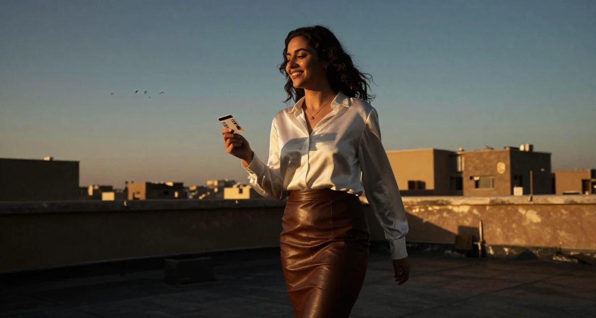 A delighted Female From Cairo Egypt, studied anthropology in their 22, choosing bolder themes with more creative direction, wearing a white silk shirt tucked into a leather pencil skirt, holding a subway card in a rooftop terrace at sunset.