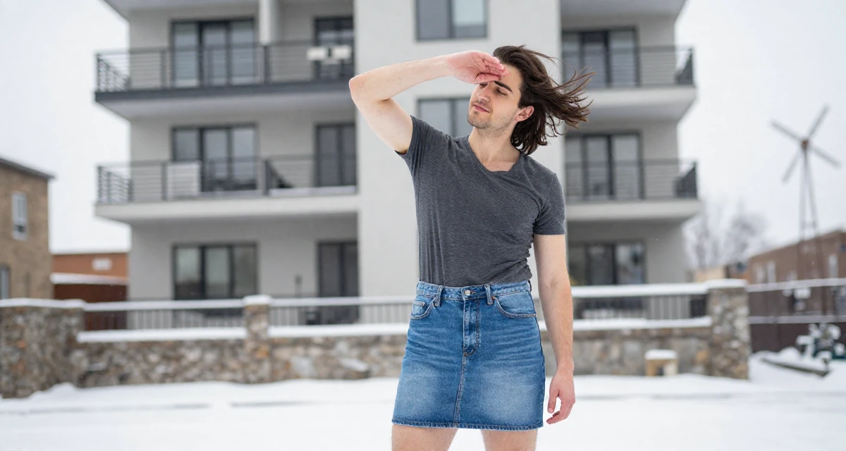 A quiet male From Canada, majored in english and creative writing in their 33, expert in productivity and time management, wearing a fitted scoop neck tee and a denim mini skirt, shielding face from the wind in a modern apartment.