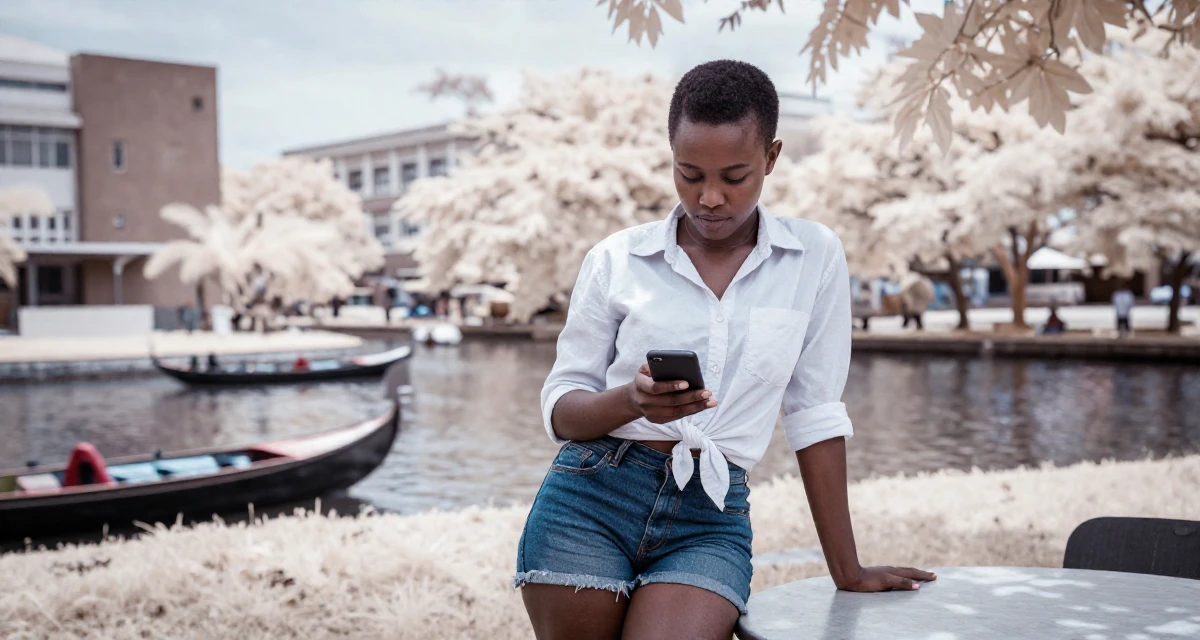 A proud Female From Tanzania, studied wildlife conservation in their 24, experimenting with sultry characters and light roleplay vibes, wearing a button-down shirt tied at the waist and denim cutoffs, checking a phone in a university campus.