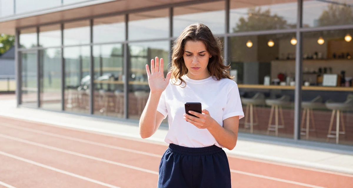 A worried Female From Ireland, based in Cork, graduated from a regional college majoring in digital content creation in their 24, experimenting with sultry characters and light roleplay vibes, wearing a school gym uniform with bloomers and a white t-shirt, reading a text message in a running track.