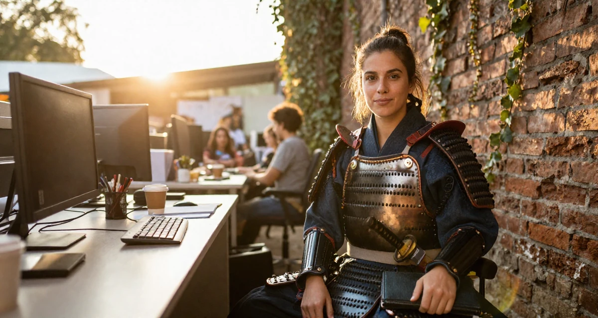 A lighthearted Female From Guatemala, studied computer networks in their 29, learning self-discipline the hard way, wearing a samurai armor set with a katana at the waist, clutching a clutch bag in a office workspace.