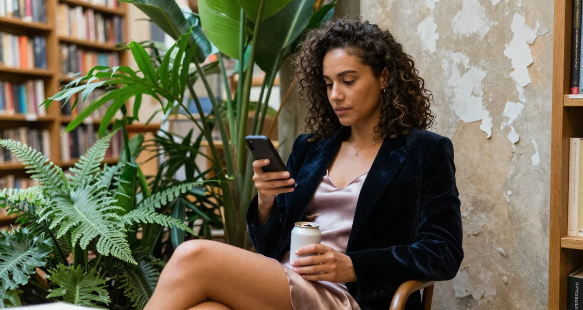 A composed Female Former aerobics instructor, now filming premium workout sessions in their 21, struggling to disconnect from social media, wearing a velvet blazer and a silk slip dress, holding a beverage can in a bookstore aisle.