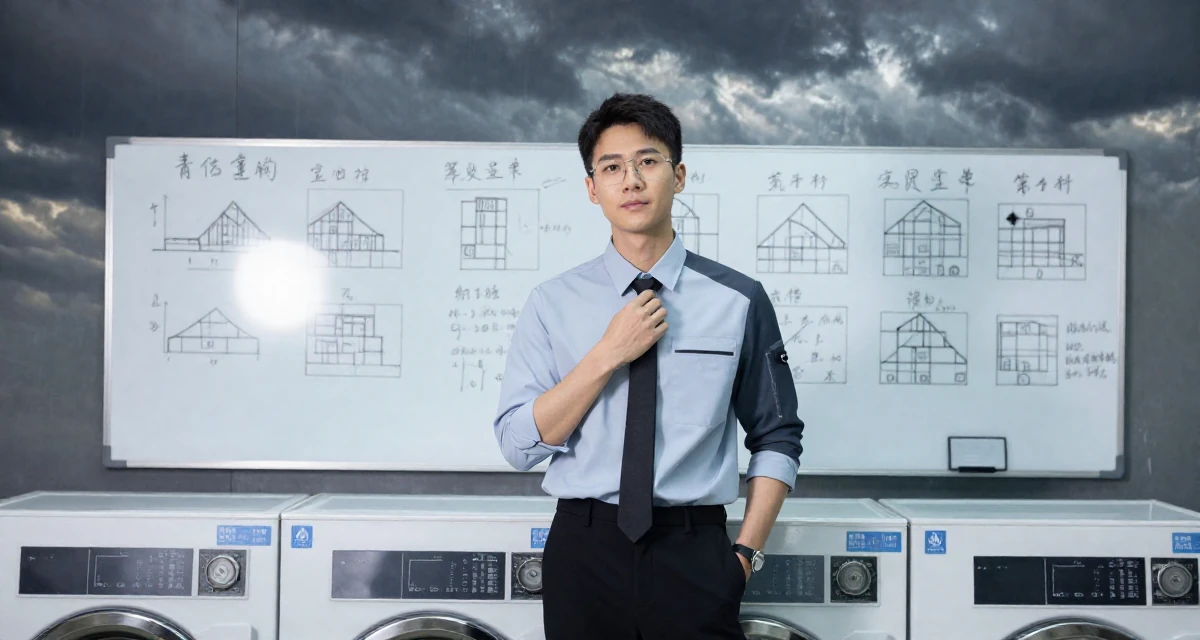 A composed male From Suzhou China, holds a degree in architecture in their 34, seeking spiritual or philosophical growth, wearing a modern tech-wear inspired look, playing with a tie in a laundromat.