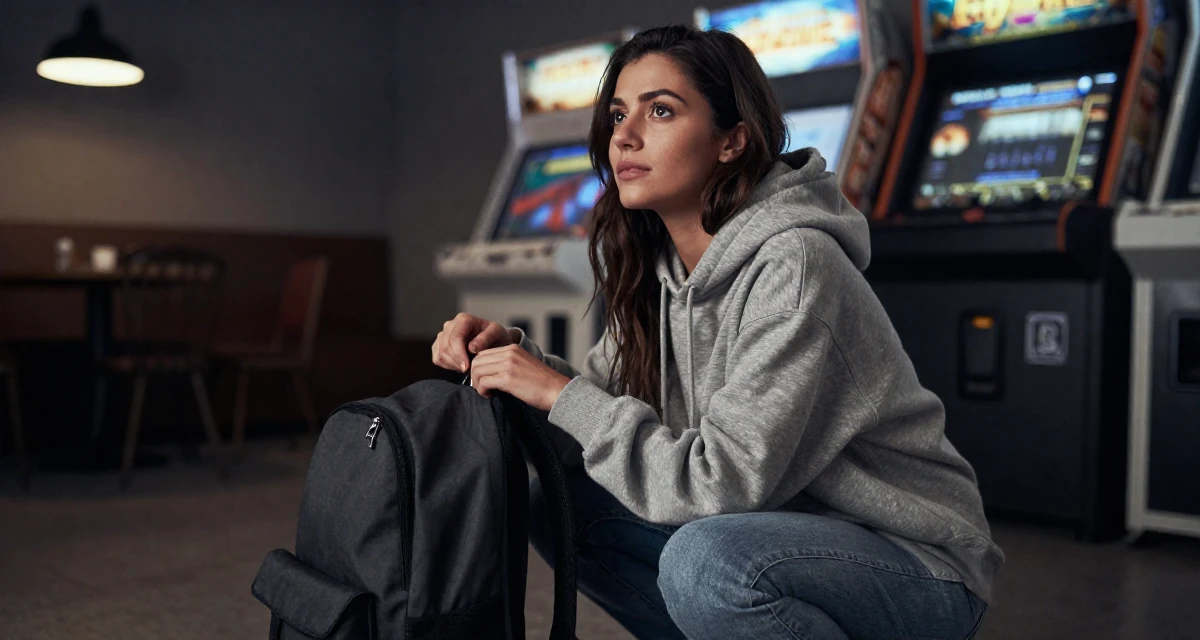A dreamy Female From Italy, based in Milan, graduated from a design school majoring in sensual visual communication in their 31, enjoying the fruits of labor from the 20s, wearing a classic grey hoodie and jeans, adjusting a backpack strap in a arcade room with neon lights.