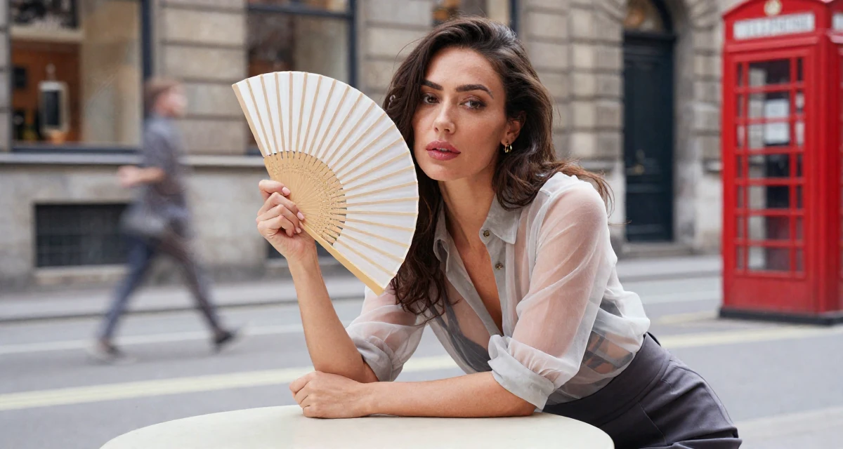 A alluring Female From Denmark, based in Odense, graduated from a creative program majoring in soft-seductive branding in their 47, preparing for empty-nest life, wearing a sheer sleeve blouse and a high-waisted skirt, fanning self with a hand in a urban street.