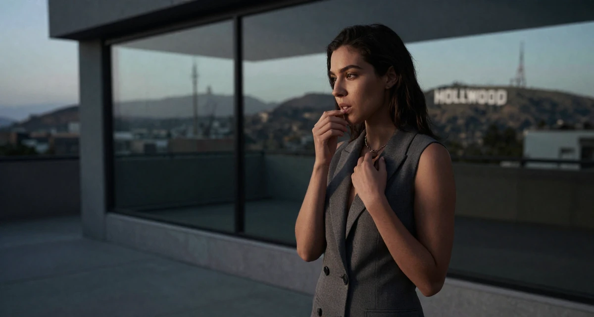 A lonely Female From Los Angeles USA, majored in performing arts in their 23, enjoying the first taste of disposable income, wearing a sleeveless blazer dress showing toned arms, touching a necklace in a basement studio.