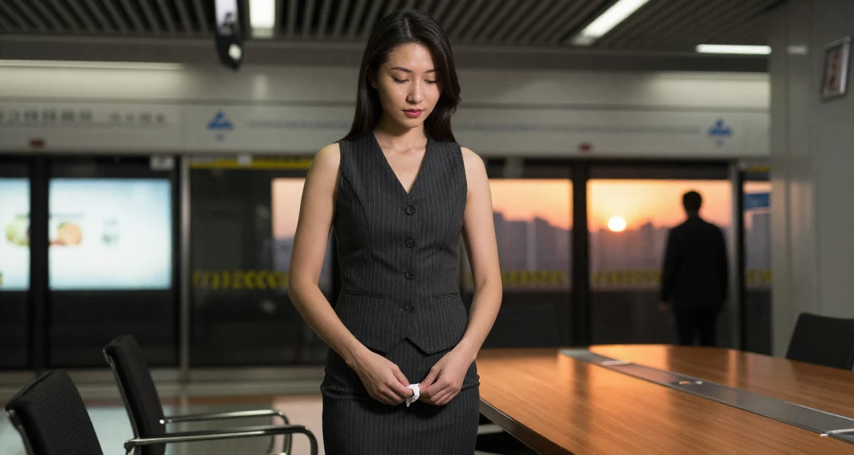 A reflective Female From Nanjing China, graduated with a finance major in their 44, minimalist living with a focus on quality, wearing a pinstripe pencil skirt and a matching vest top, wiping hands in a subway station.
